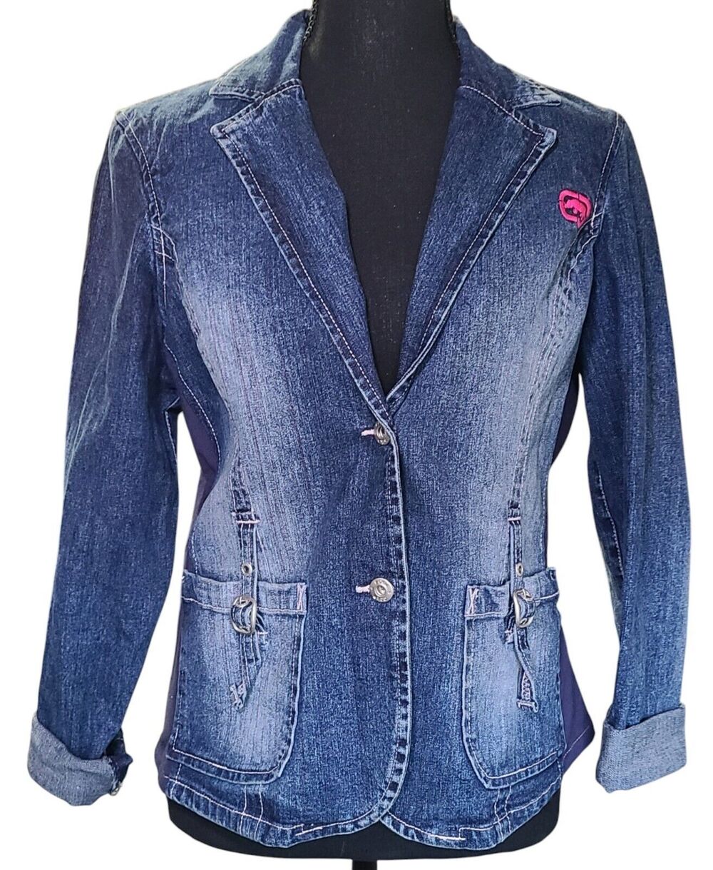Ecko Red Y2K Blue Denim Jean Jacket Collared Distressed Women's Size Small